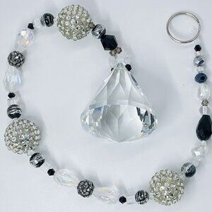Beaded Suncatcher - Black Silver Clear Triangular Prism - Hanging Decor